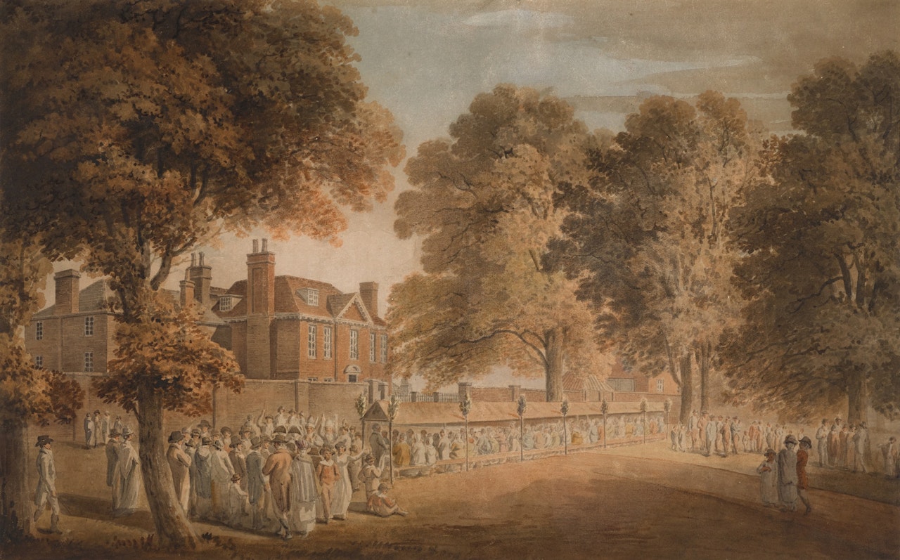 A large gathering by a country house by English School