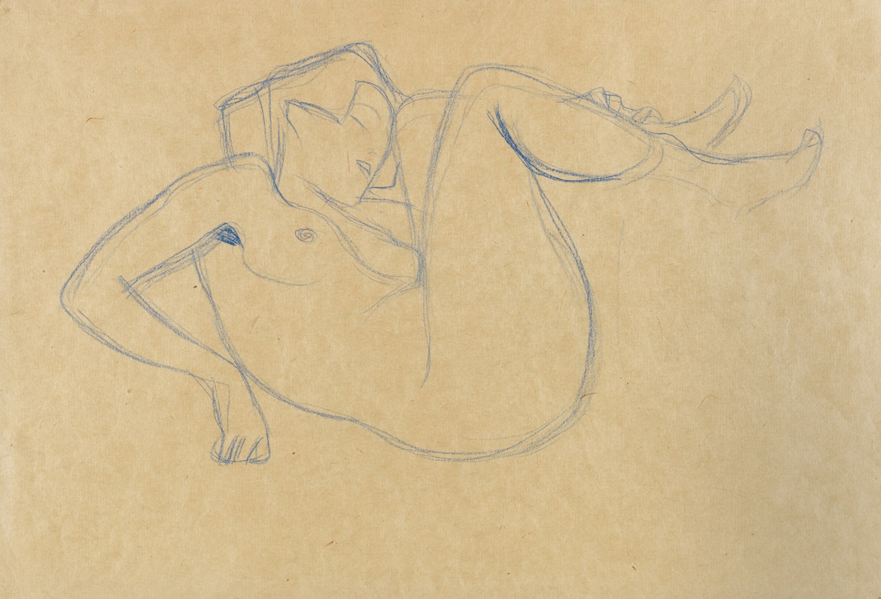 Mit angezogenen Schenkeln kauernder Mädchenakt by Gustav Klimt