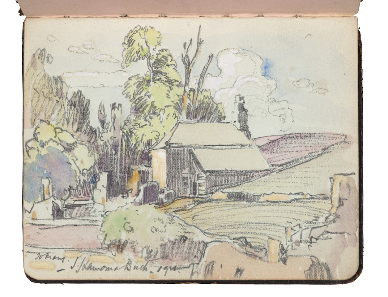 A leather-bound album of drawings and notes, compiled circa -21 by Mary Eady (1905-1992), Harold Knight's niece. 48 pages, including three drawings by Laura Knight, one by Harold Knight, one by Lamorna Birch, one by William Knight and various others by members of the Eady family by Laura Knight