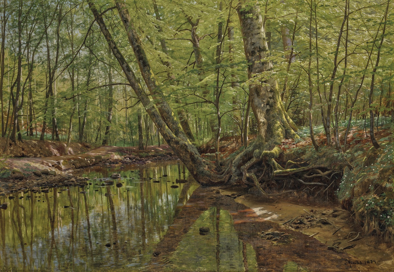 Forest landscape with river by Peder Mork Monsted