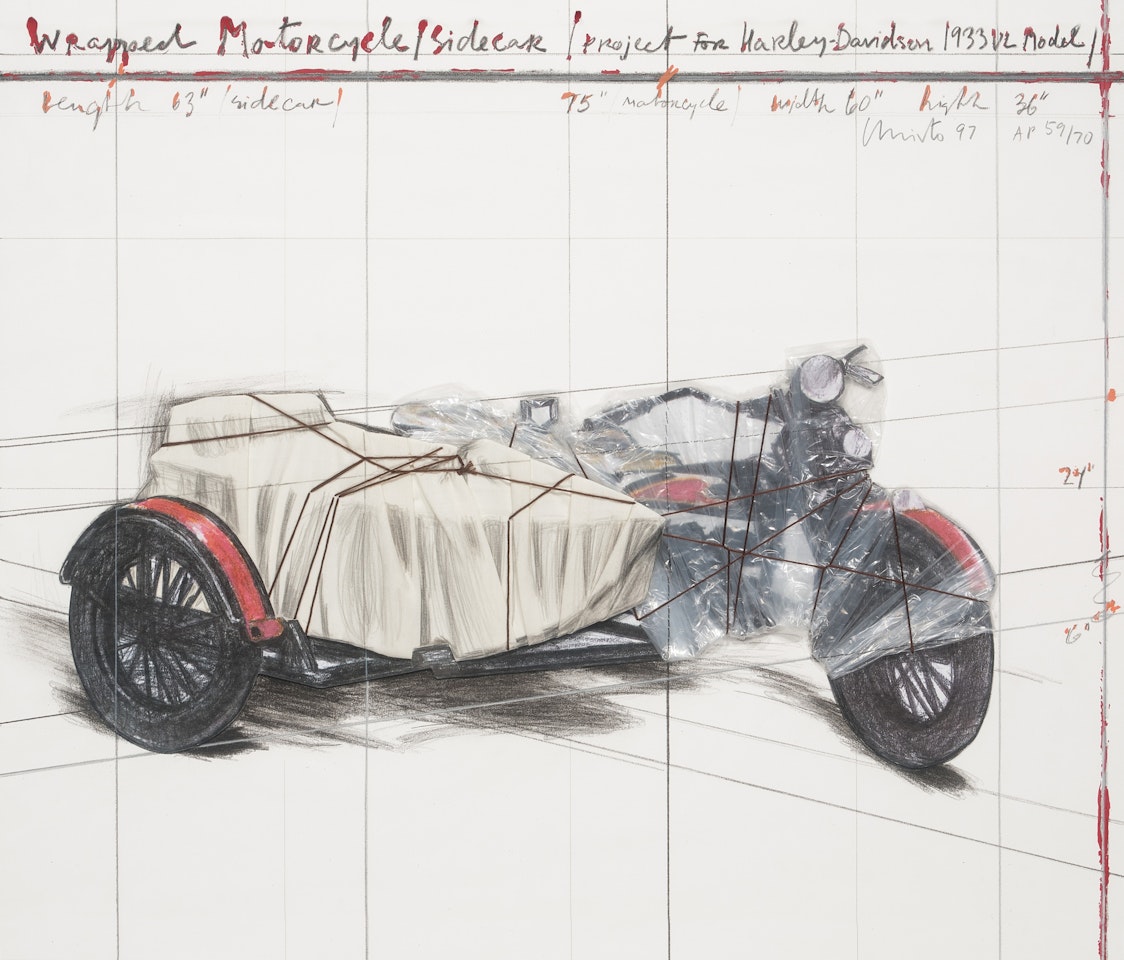 Wrapped Motorcycle/Sidecar, Project for Harley Davidson 1933 VL Model by Christo