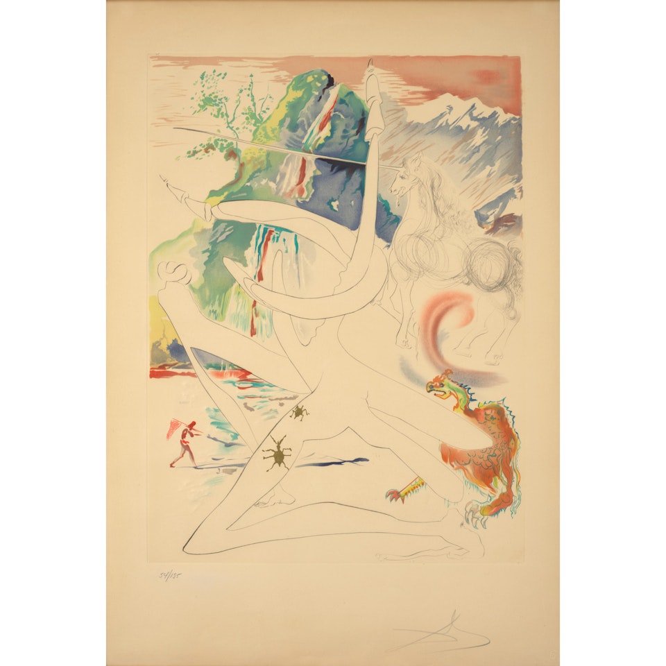 L'Unicorne laser désintègre les cornes de rhinocéros cosmiques (The Unicorn Laser Disintegrates the Horns of the Cosmic Rhinoceros), from La conquête du cosmos II (The Conquest of the Cosmos II) by Salvador Dali