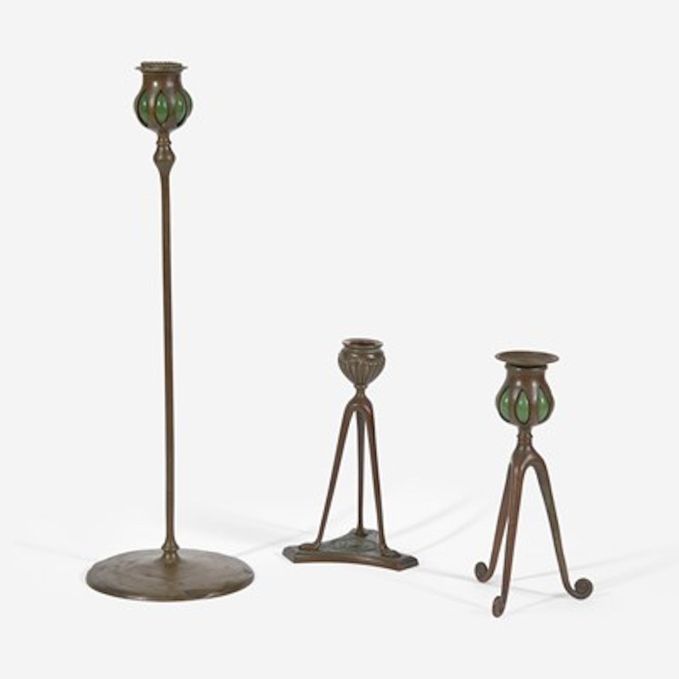 Group of Three Bronze Candlesticks, New York by Tiffany Studios