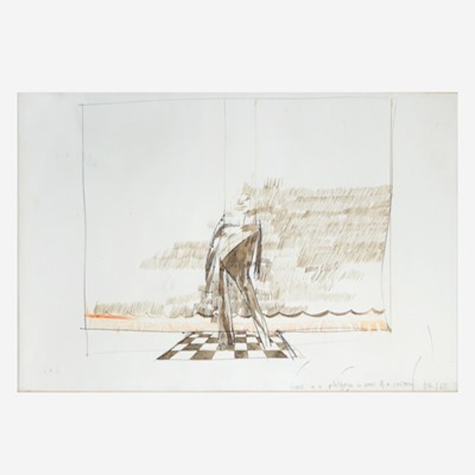 Figure on a Platform in Front of a Curtain by David Hockney