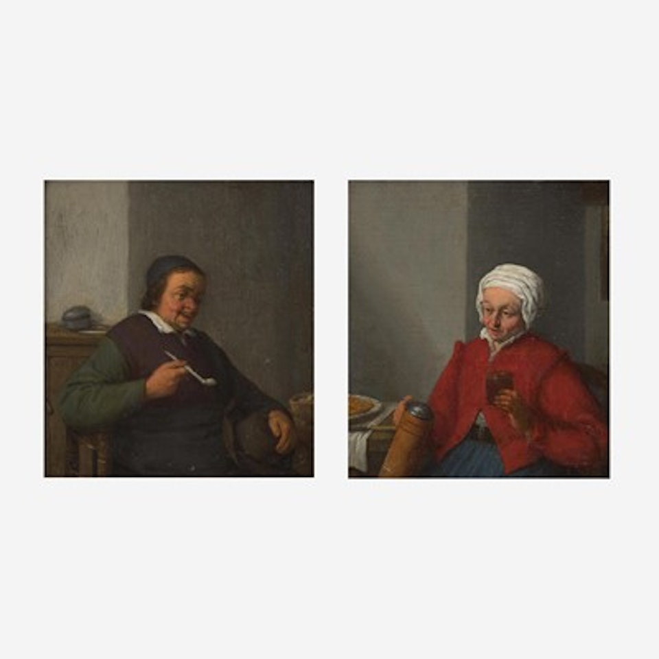 Man Smoking in an Interior; together with Woman Holding a Jug and a Cup: A Pair of Half-Length Portraits by Adriaen van Ostade