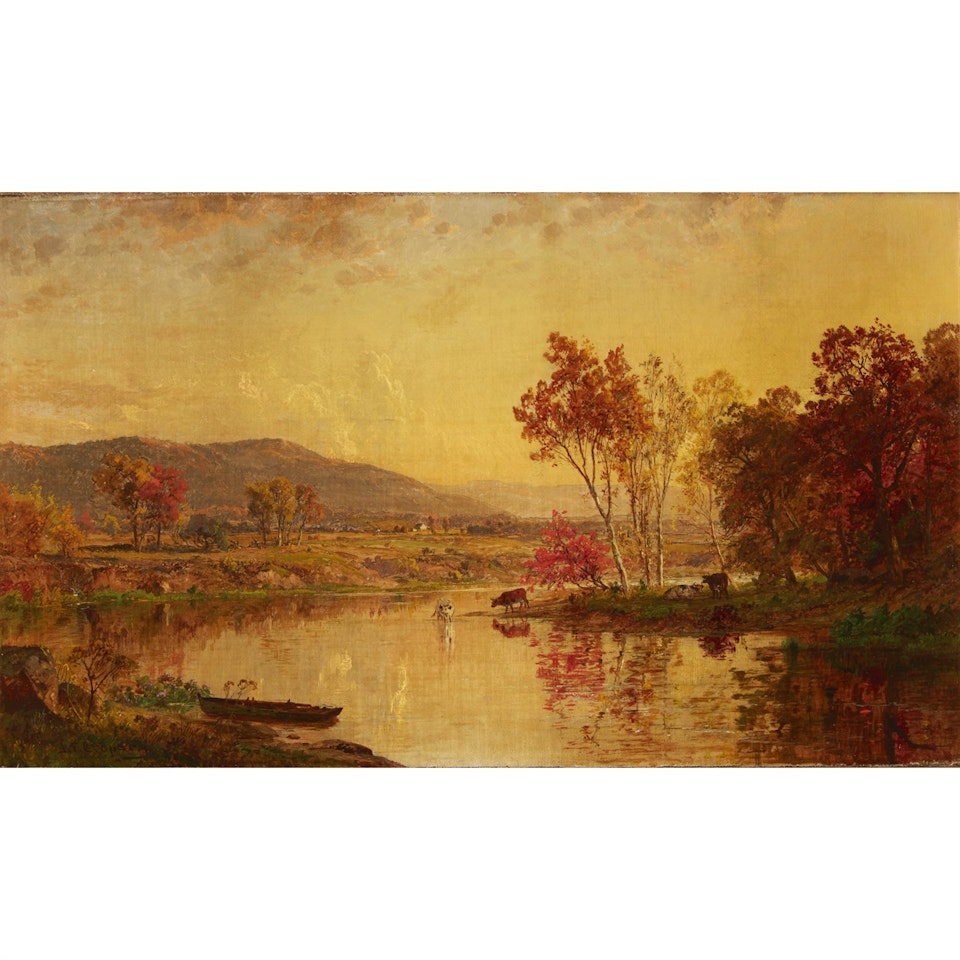 An Autumn Landscape with Cattle Watering at a River by Jasper Francis Cropsey