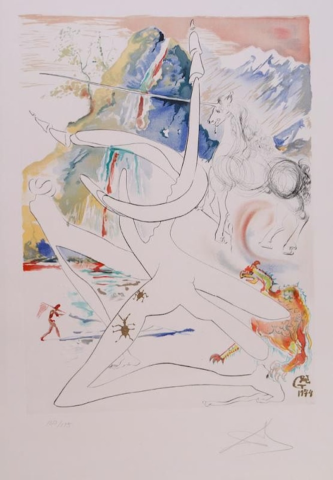 THE UNICORN LASER DISINTEGRATES THE HORNS OF COSMIC RHINOCEROSES, FROM THE CONQUEST OF THE COSMOS by Salvador Dali