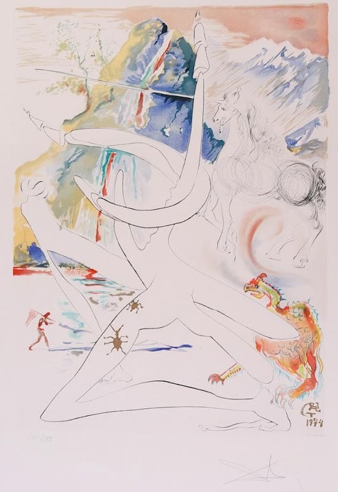 THE UNICORN LASER DISINTEGRATES THE HORNS OF COSMIC RHINOCEROSES, FROM THE CONQUEST OF THE COSMOS by Salvador Dali