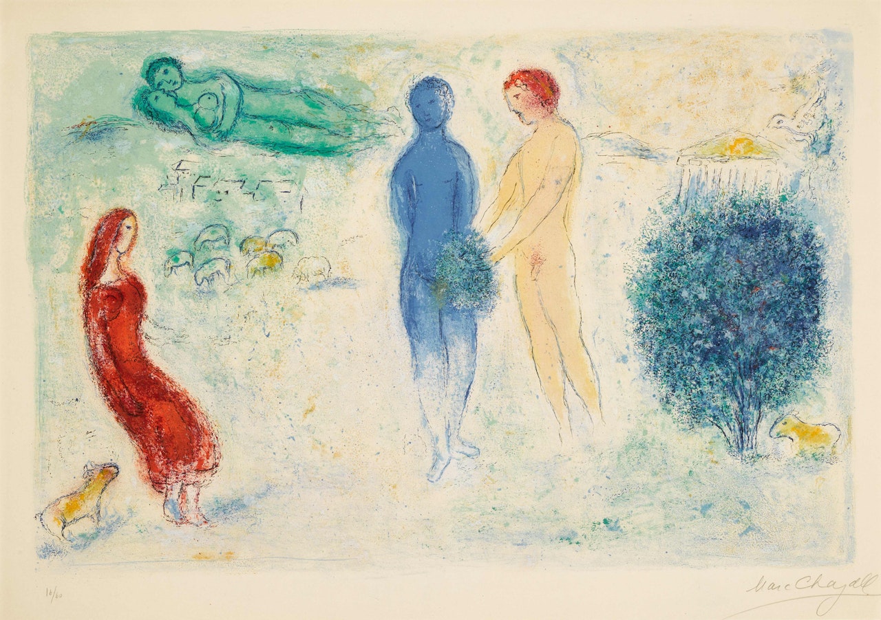 Le Jugement de Chloé (Chloé’s Judgment), from Daphnis et Chloé (Mourlot 315; see Cramer Books 46) by Marc Chagall