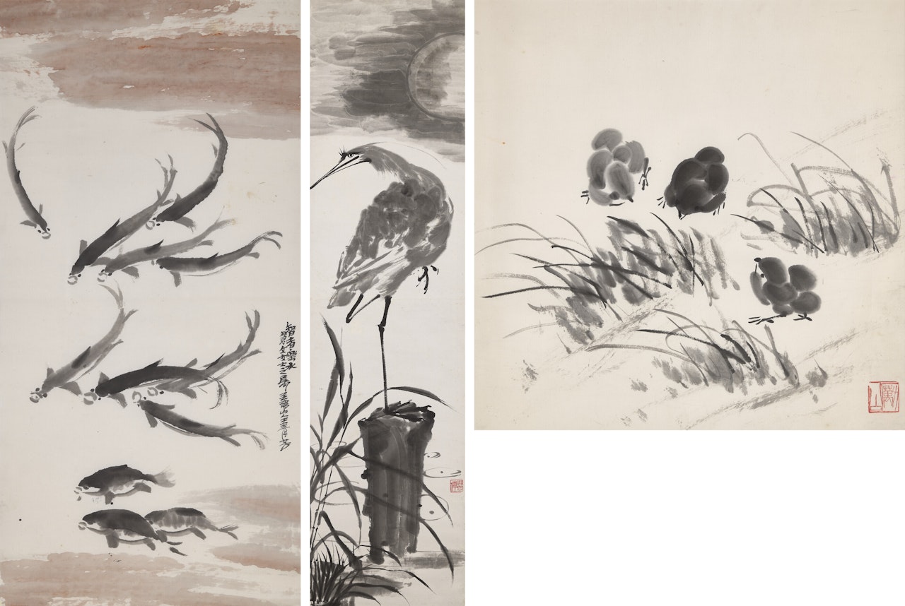 Heron / Chicks / Fishes by Li Kuchan