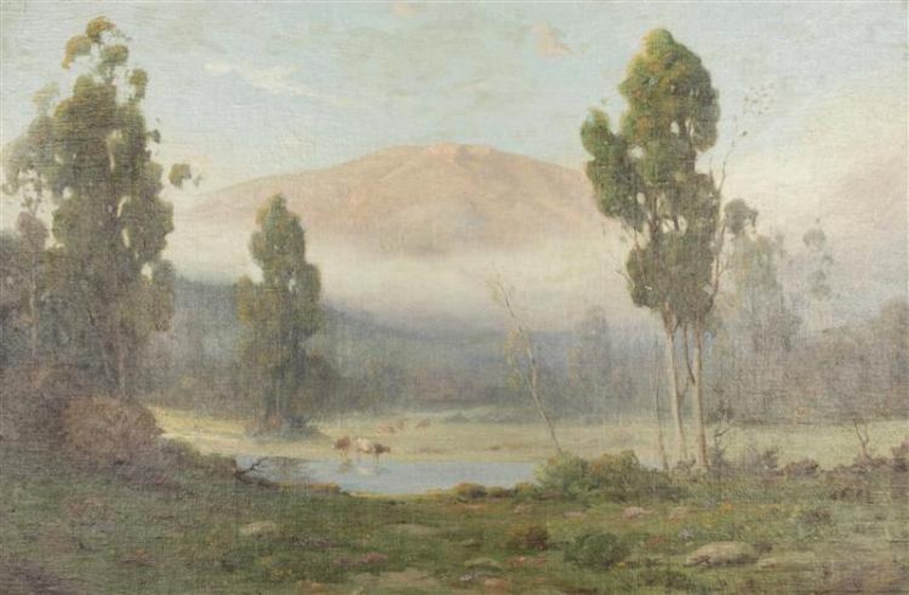 "Eucalyptus Mist", cows watering in a mountain landscape by Angel Espoy