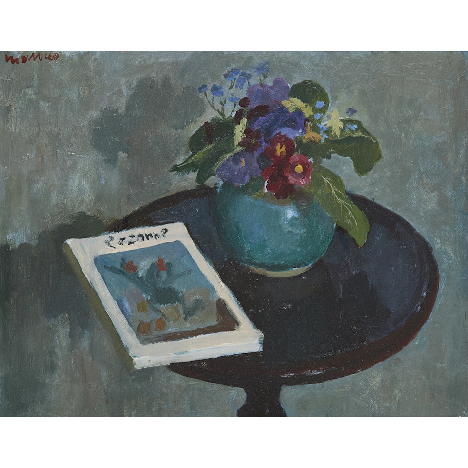 TABLE WITH FLOWERS AND CEZANNE BOOK by Alberto Morrocco