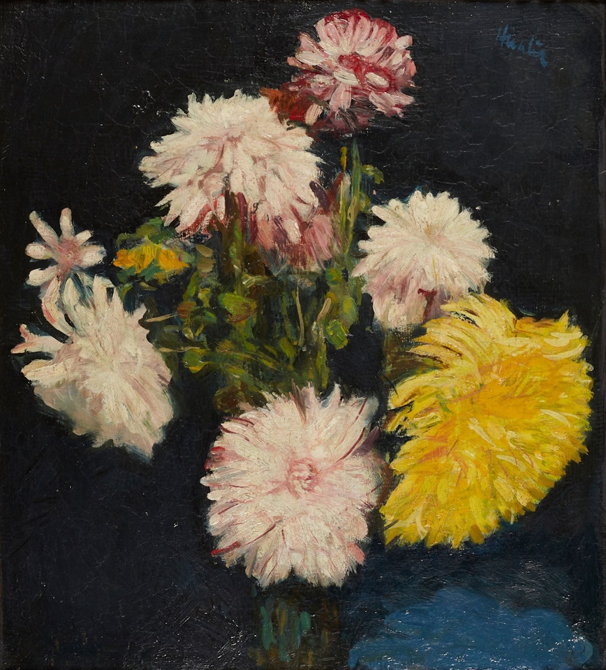 A STILL LIFE OF CHRYSANTHEMUMS by George Leslie Hunter