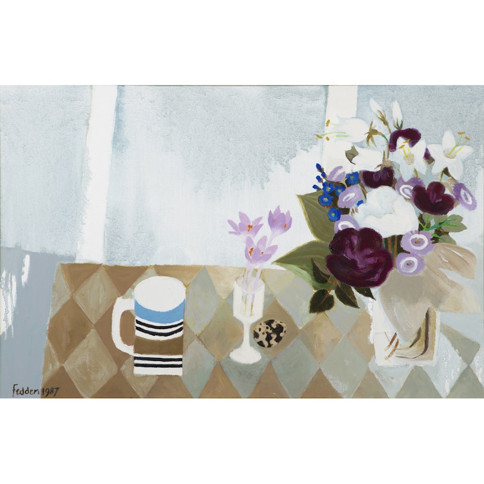 THREE CROCUSES, QUAIL EGG AND MUG by Mary Fedden