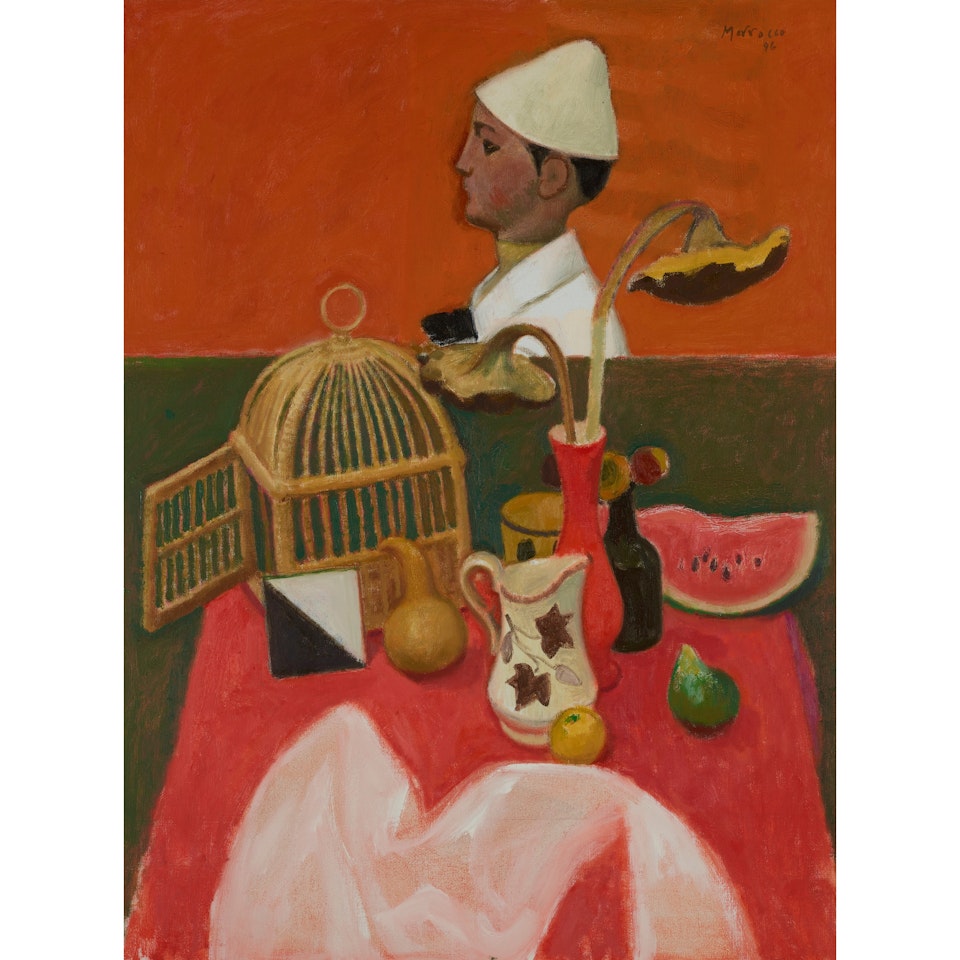 STILL LIFE WITH CLOWN AND BIRDCAGE by Alberto Morrocco