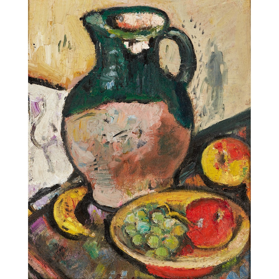 A STILL-LIFE OF FRUIT AND GREEN JUG by George Leslie Hunter