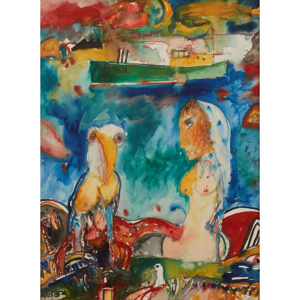 WOMAN AND BIRD ON THE COAST by John Bellany