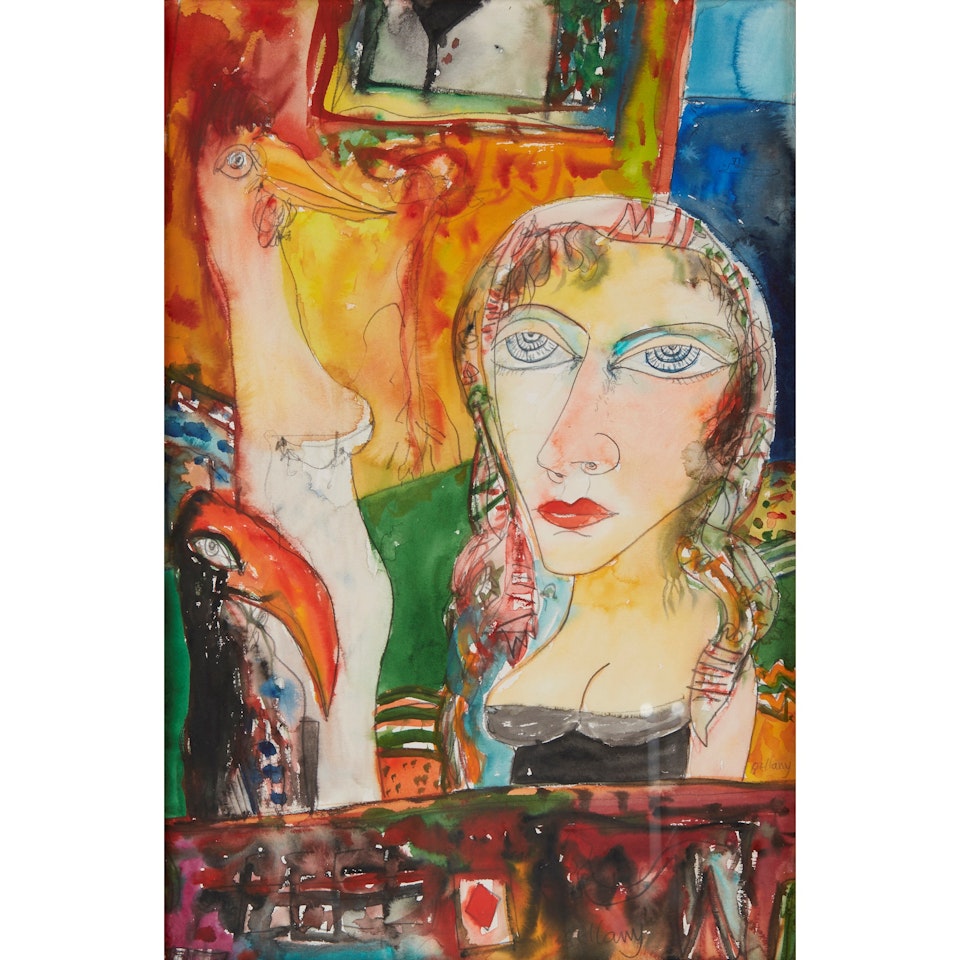 WOMAN WITH TWO EXOTIC BIRDS by John Bellany