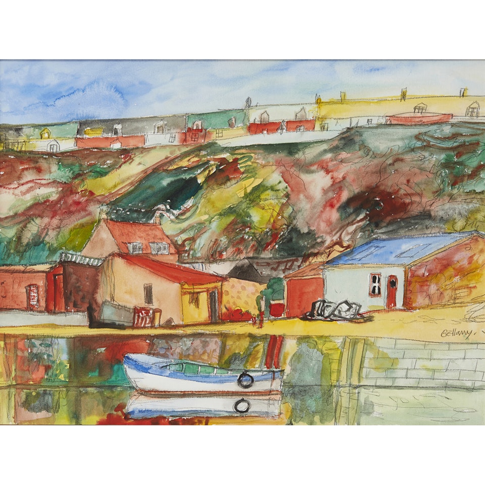 EAST COAST HARBOUR WITH FISHERMEN'S COTTAGES by John Bellany