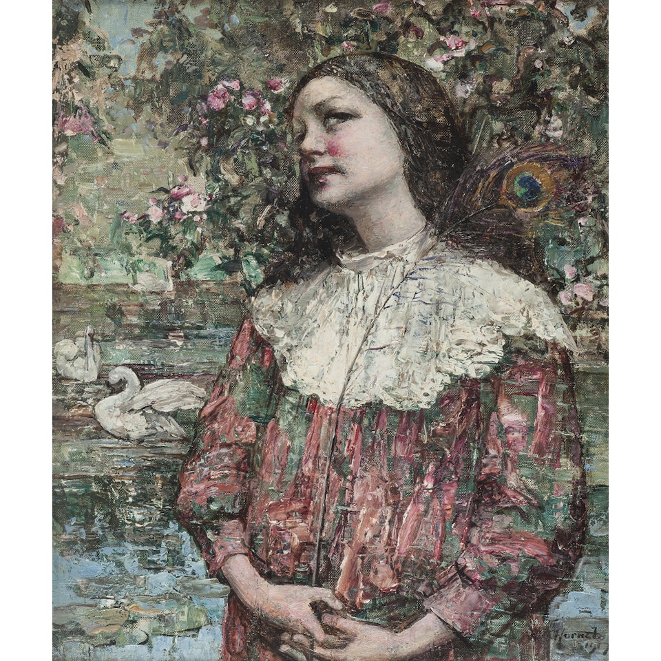 GIRL WITH PEACOCK FEATHER by Edward Atkinson Hornel
