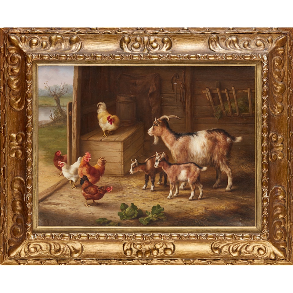 CHICKENS AND GOATS IN A BYRE by Edgar Hunt