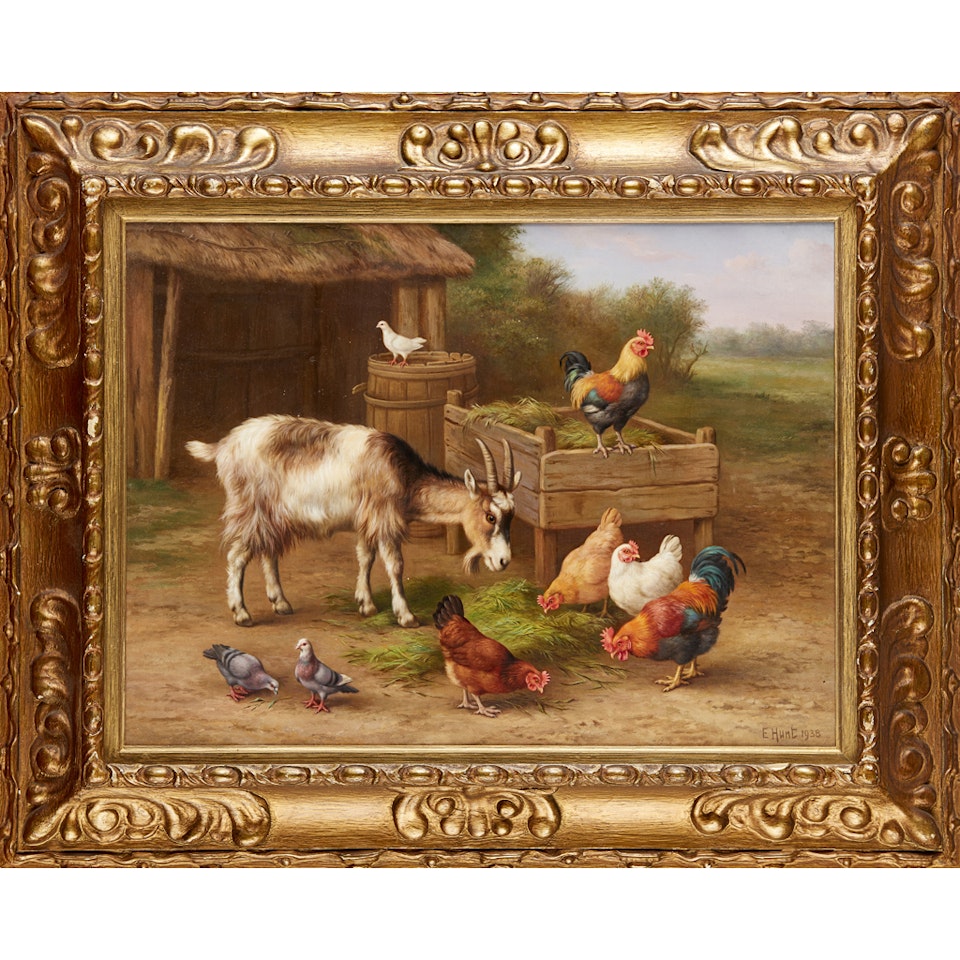CHICKENS, DOVES AND GOATS BY A WATER BUTT by Edgar Hunt