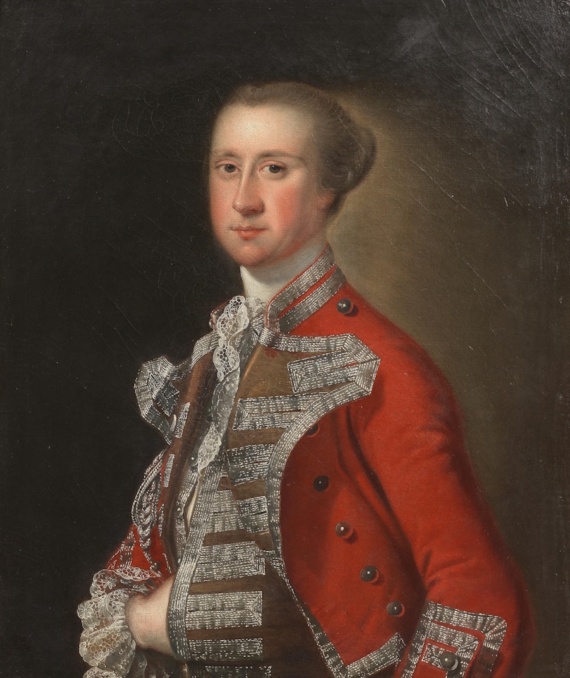 Portrait of an officer, half-length, in a scarlet coat by English School