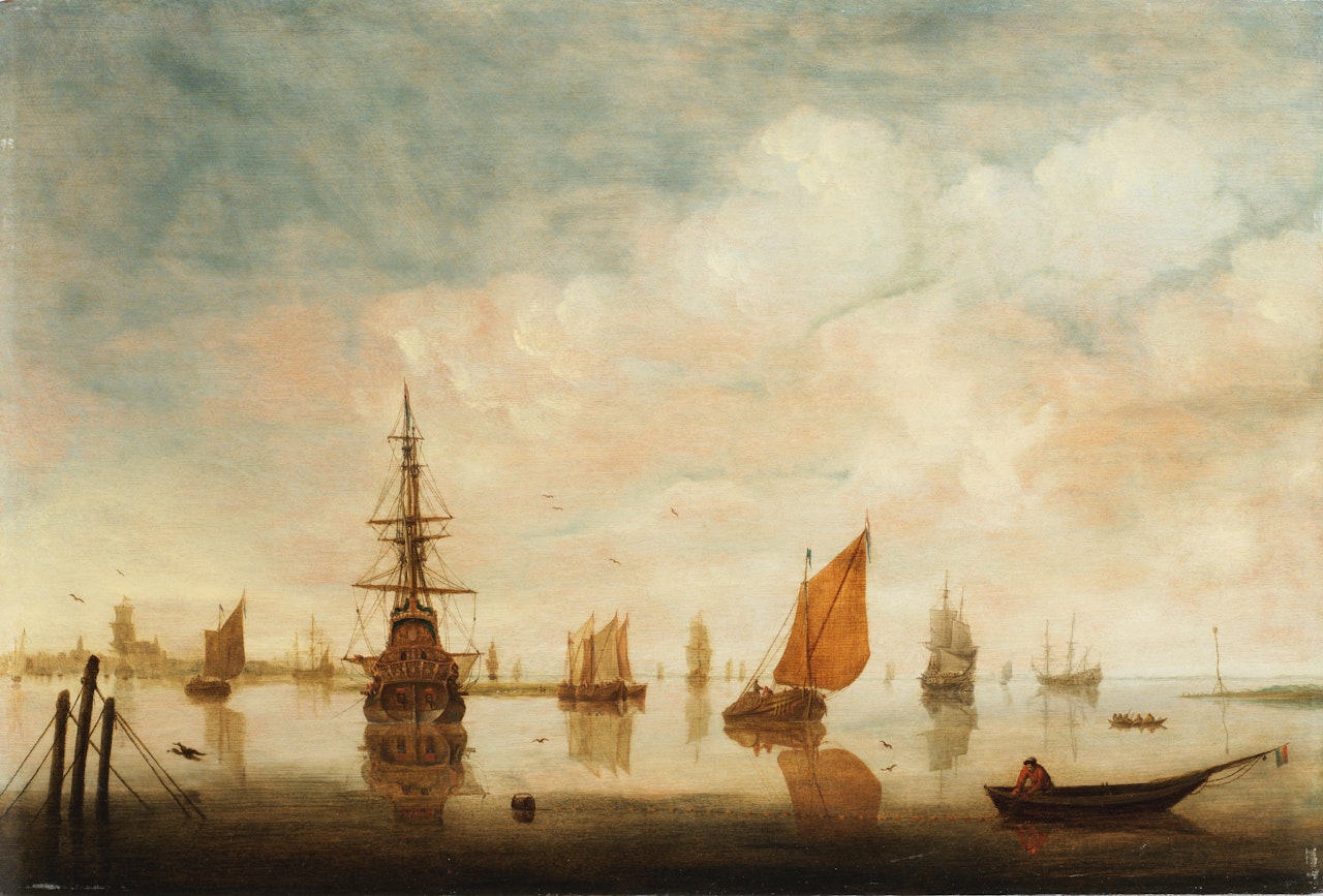 Shipping in calm waters unframed by Dutch School