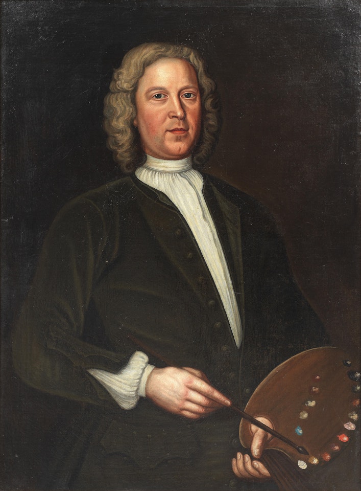 Portrait of an artist, half-length, holding a paint brush and palette by English School