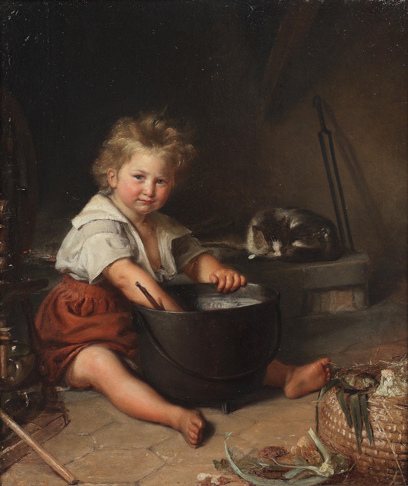 A child with a cat in an interior by French School