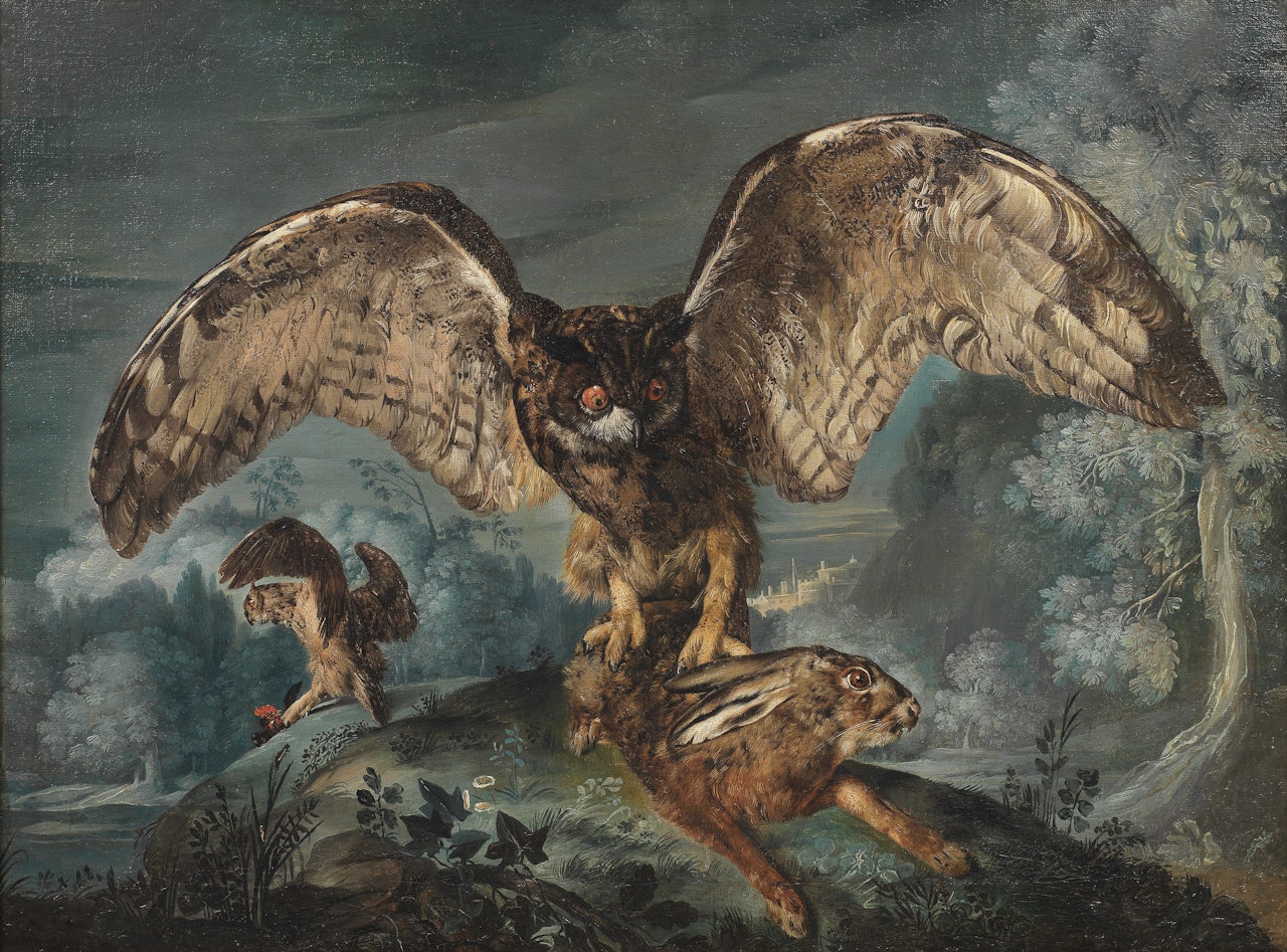 Royal owls with a hare and a cockerel in an extensive landscape by German School
