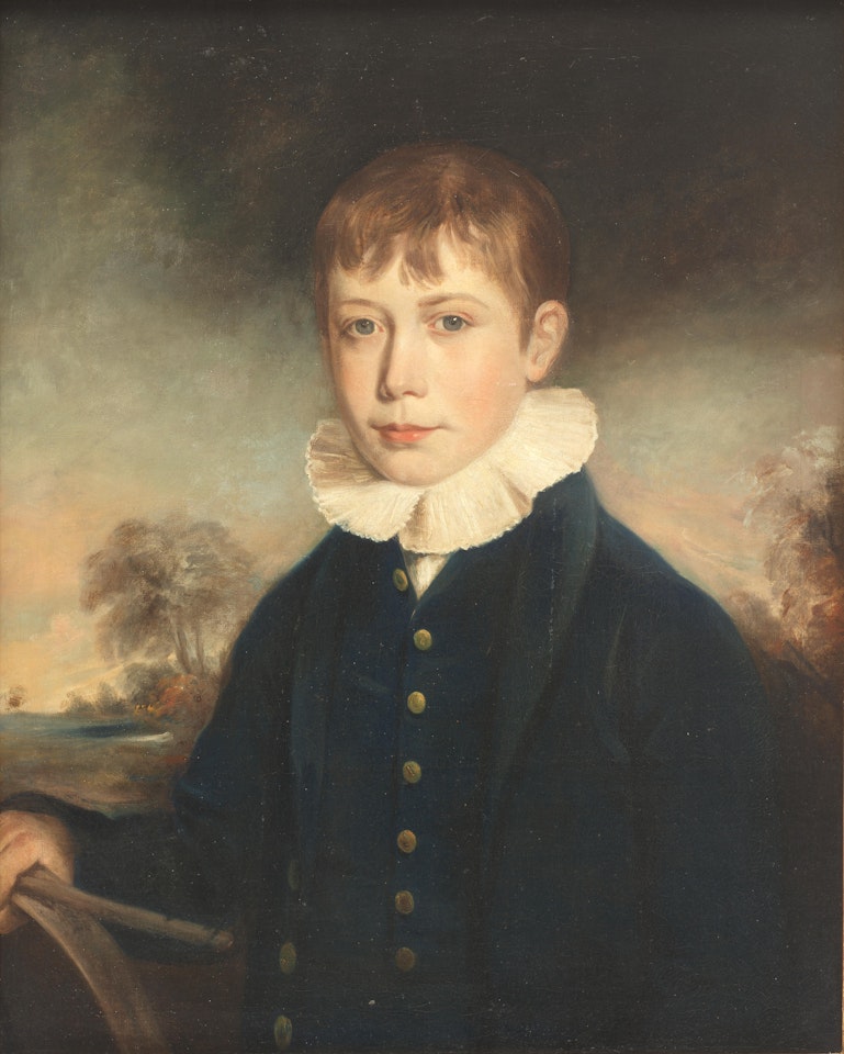 Portrait of a boy, half-length, with a hoop before a landscape by English School