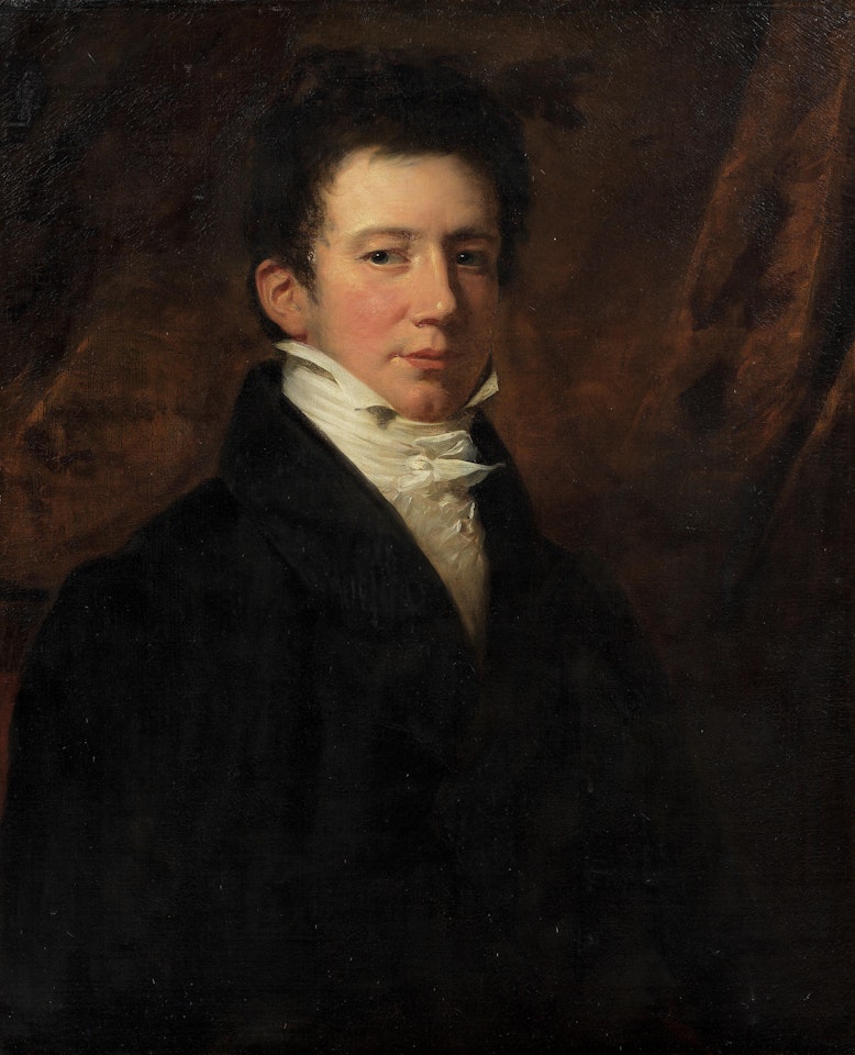 Portrait of a gentleman, half-length, in black before a brown curtain by English School