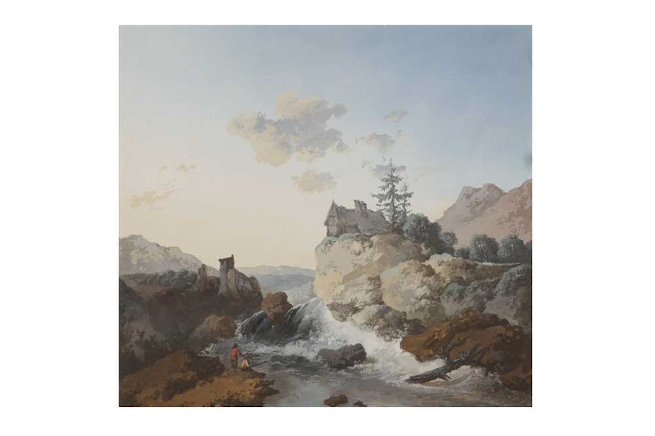 Figures by a waterfall in a mountainous landscape by Continental School