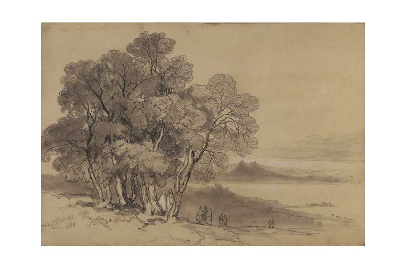 Italian view with figures on a hill overlooking lake with mountains in the distance by Edward Lear