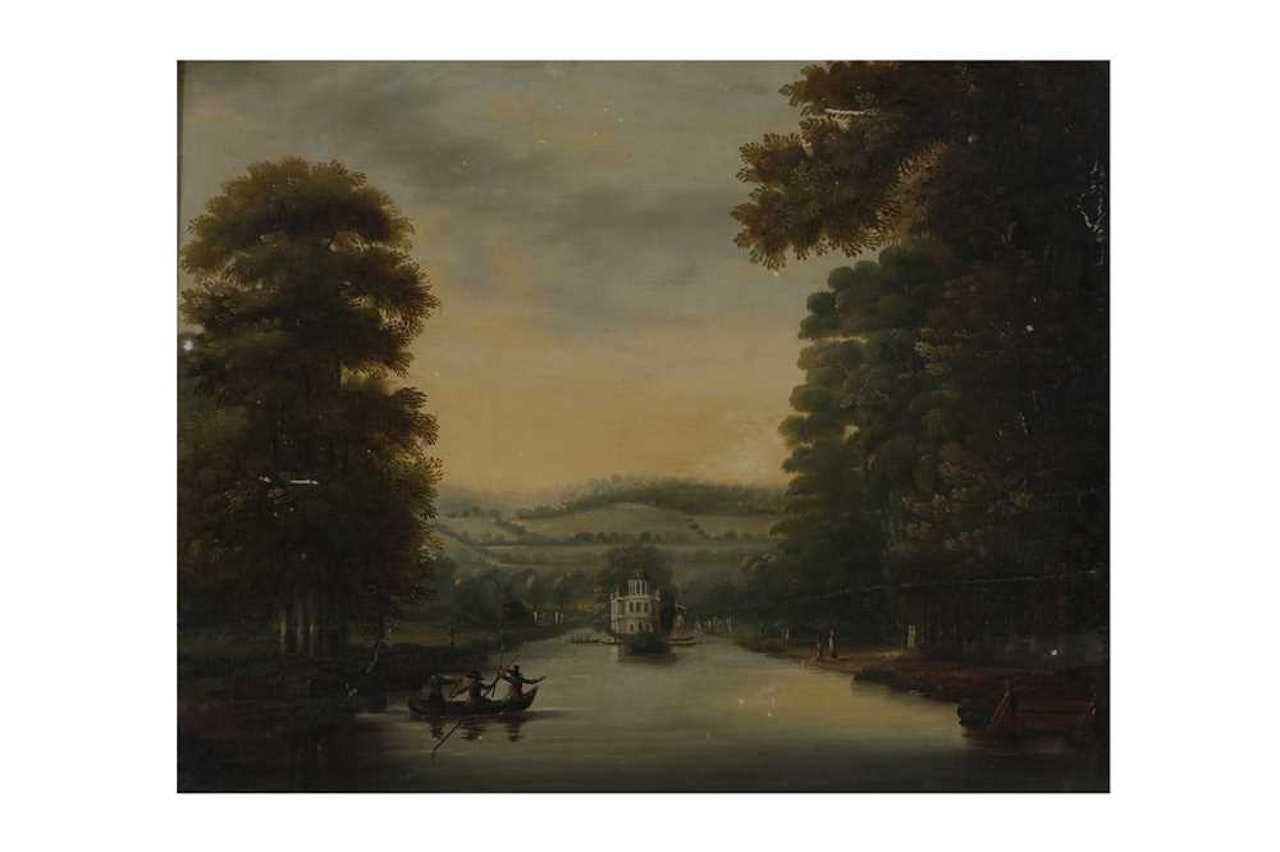 Landscape with lake and pavillion by English School
