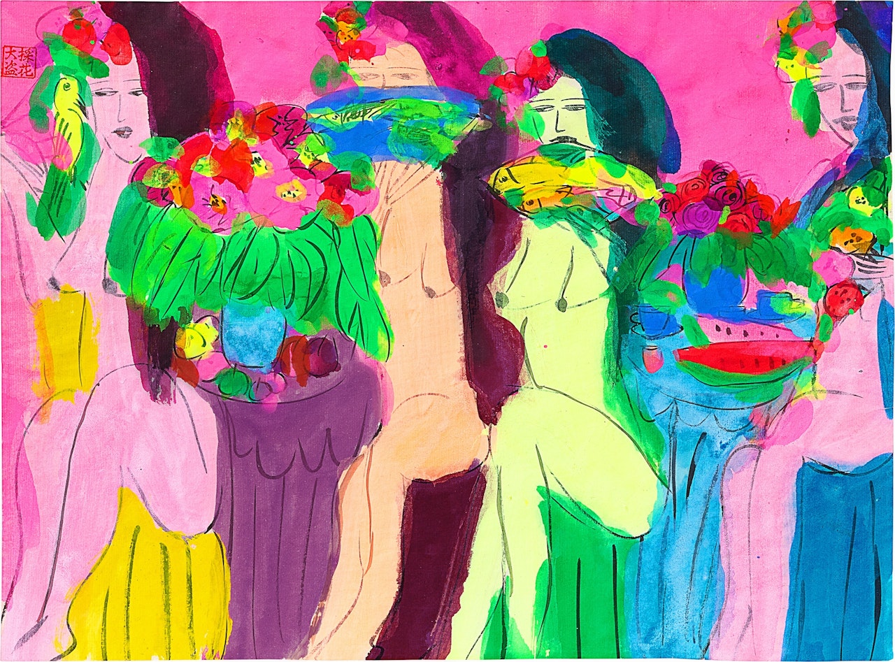 Four ladies with flowers by Walasse Ting