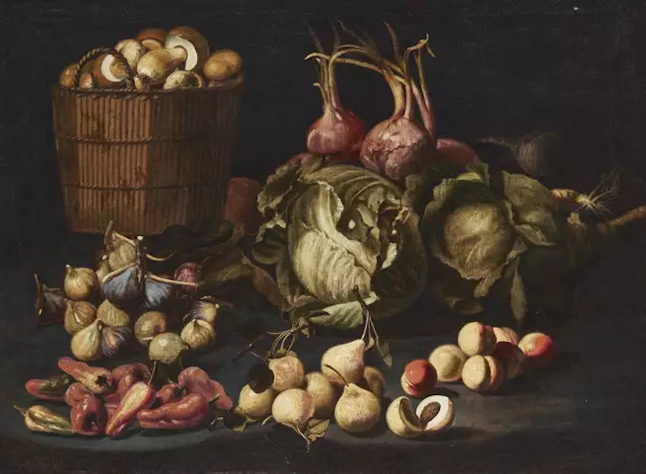 Two Still life scenes: Still life with a basket of mushrooms, cabbages, onions and fruit on a table; and Still life with fruit, cheese and mushrooms on a table by Roman School