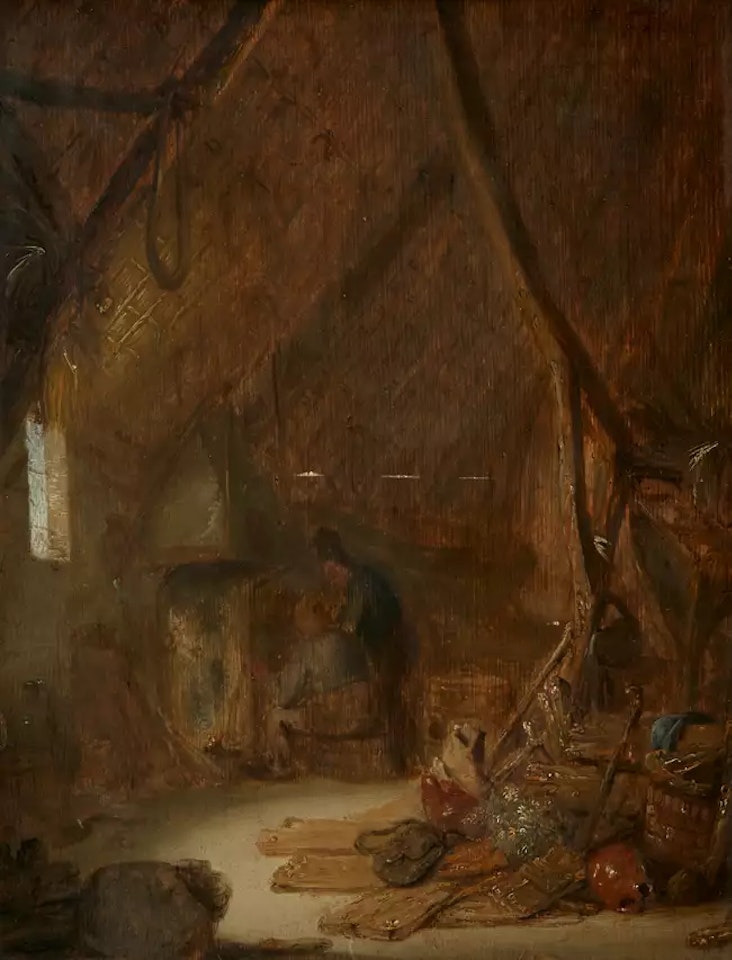 The Interior of a barn, with two peasants by a fire by Adriaen van Ostade