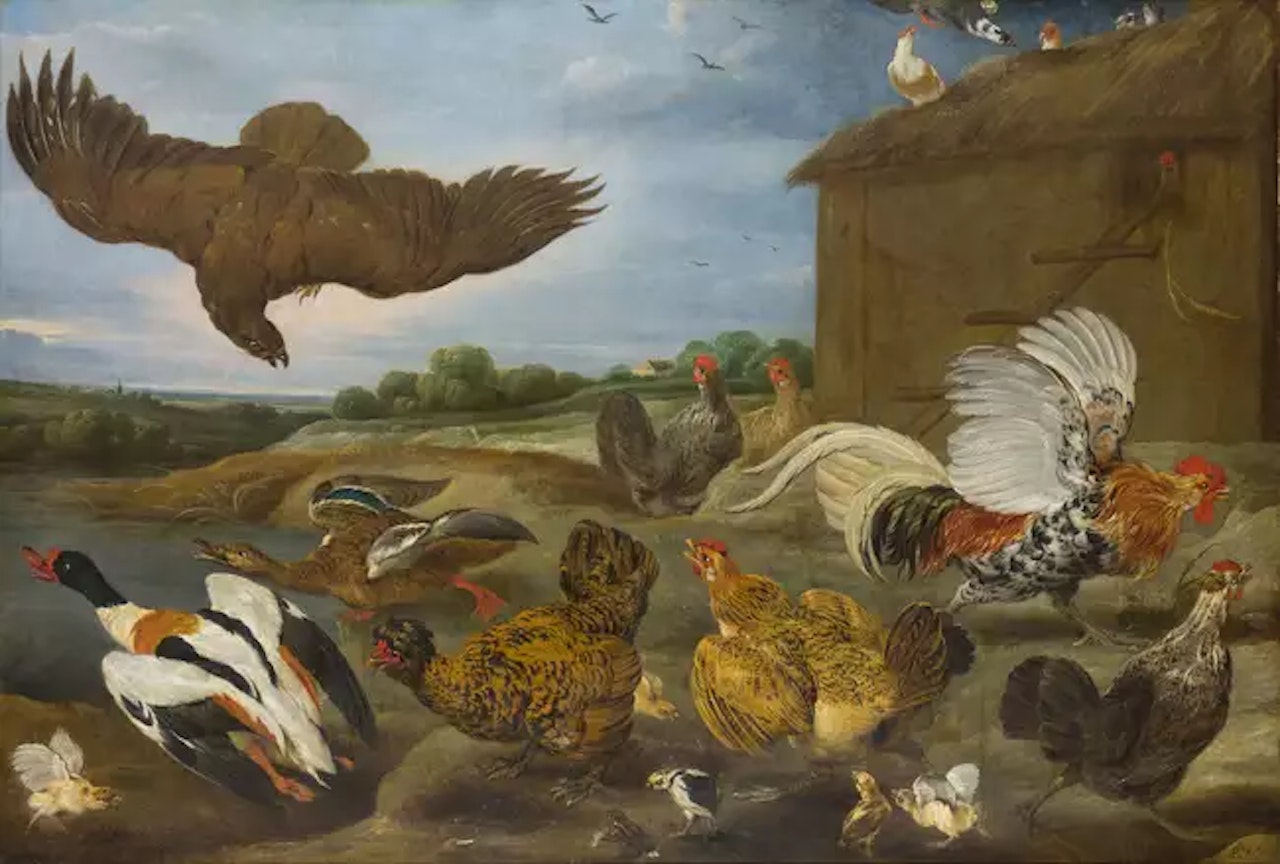 Hens, cockerels, ducks and chicks by a hen-house with a bird of prey swooping by Paul de Vos