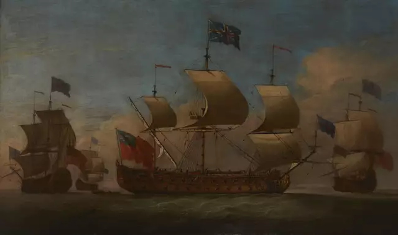 A British two-decker man-o'-war in four positions in a stiff breeze by Peter Monamy