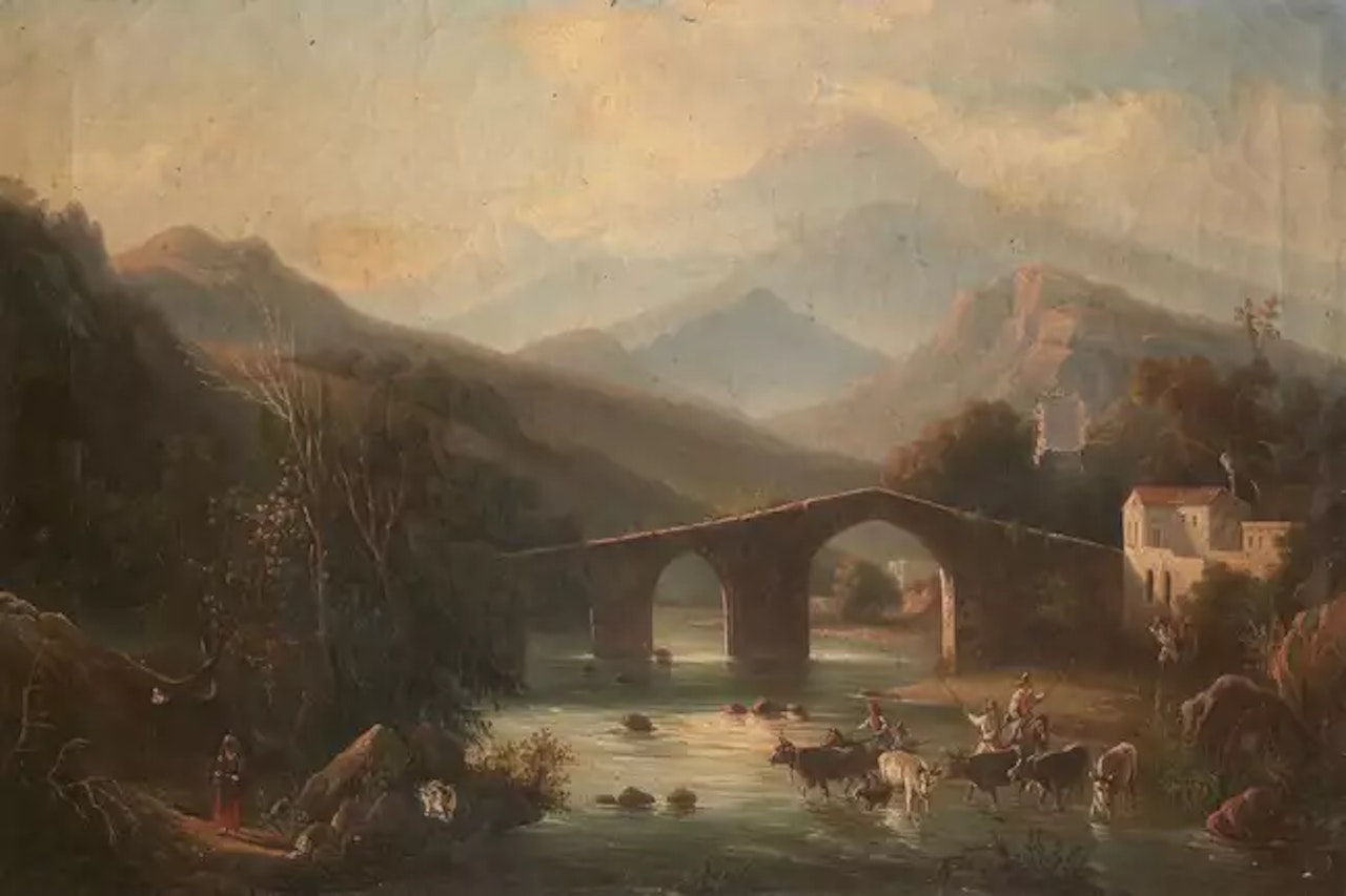 An Italianate river landscape with cattle crossing a ford by Francesco Zuccarelli