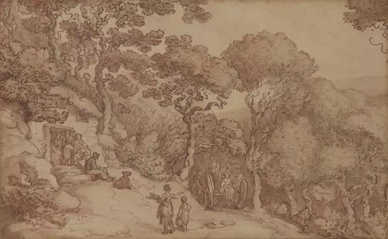 A wooded landscape with a cottage, figures and a cart by Thomas Rowlandson