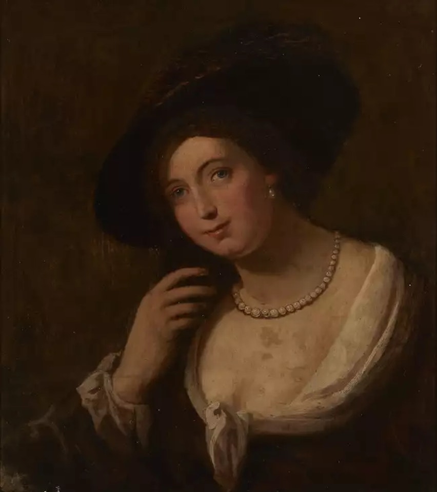 Portrait of a lady, bust-length, wearing a feathered hat and pearl necklace by Sir Thomas Lawrence