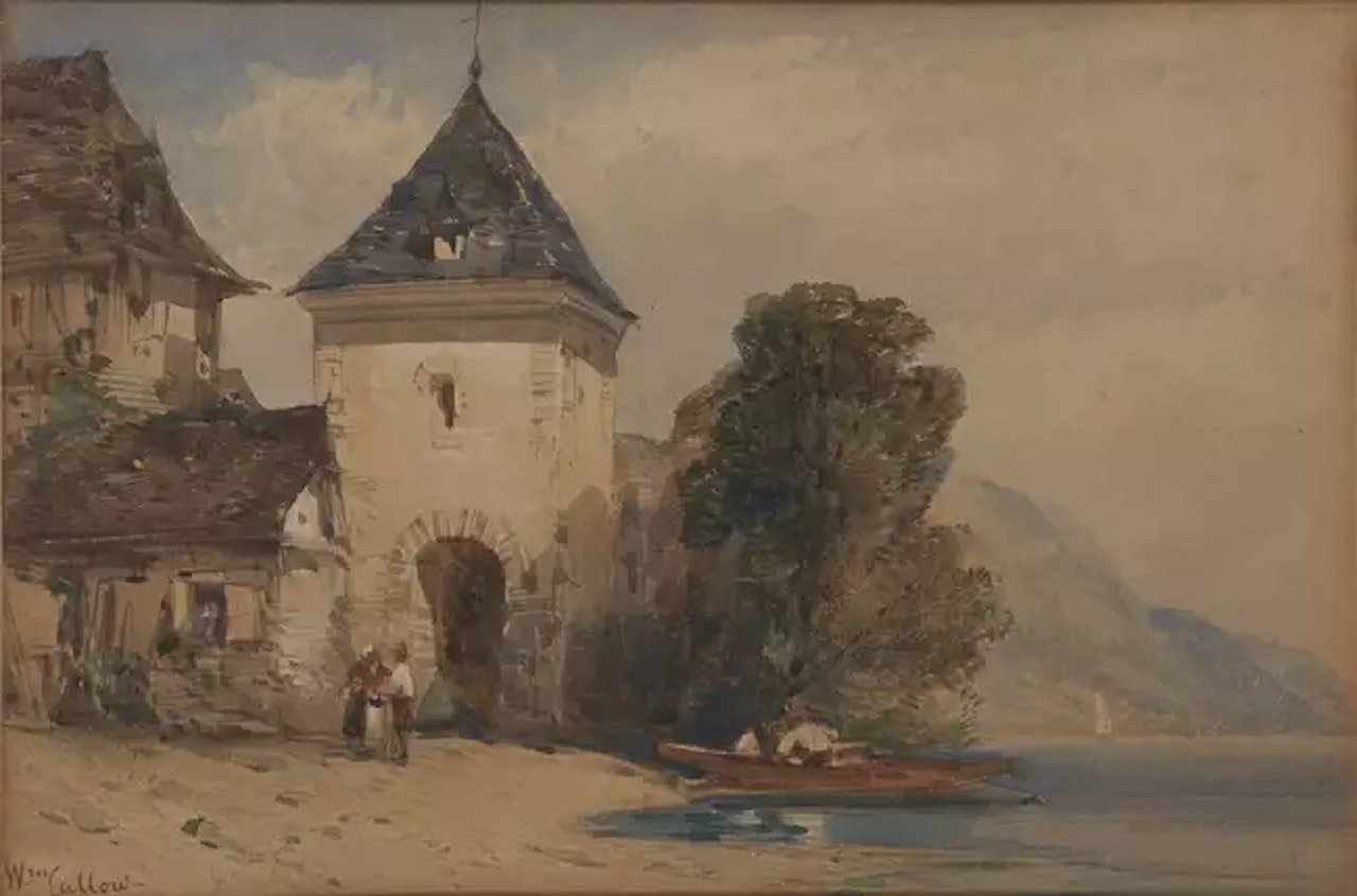 The edge of a town on an alpine lake, with boats and figures by William Callow