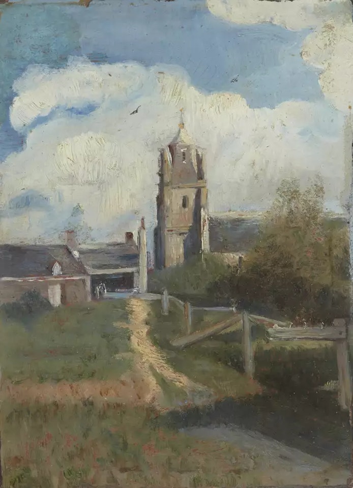 Landscape with a pathway leading to a church by Jean Baptiste Camille Corot
