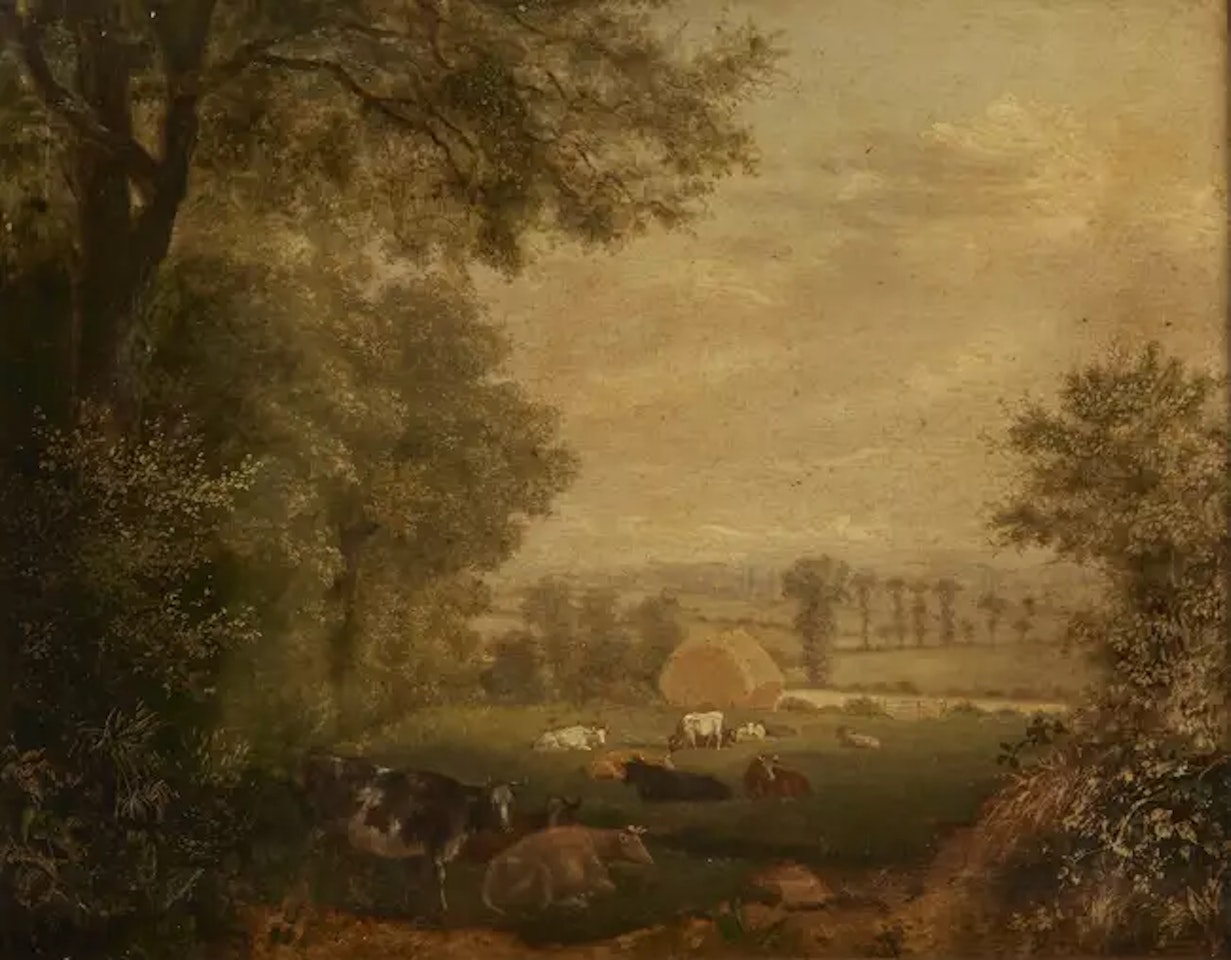 A rural wooded landscape with cows and haybales by John Constable