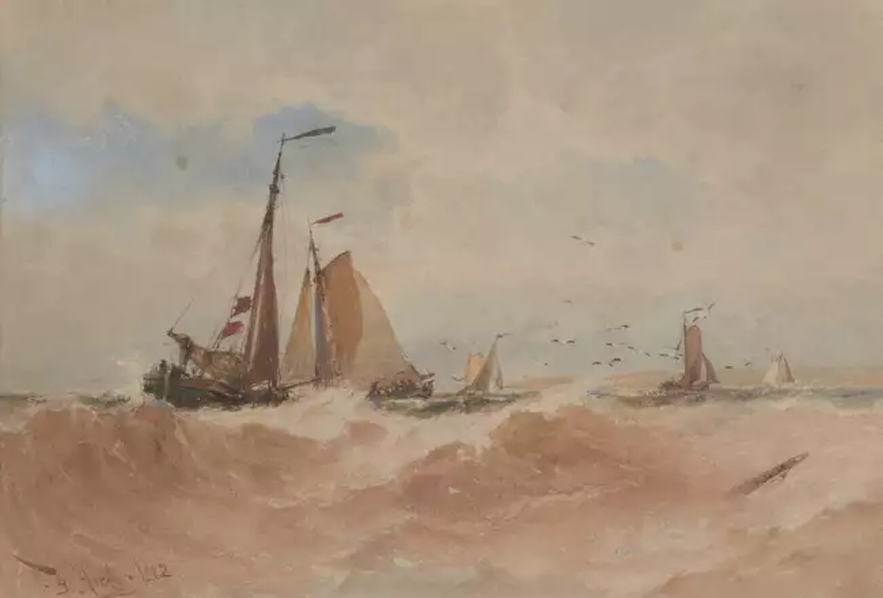 Fishing vessels in stormy seas by Thomas Bush Hardy