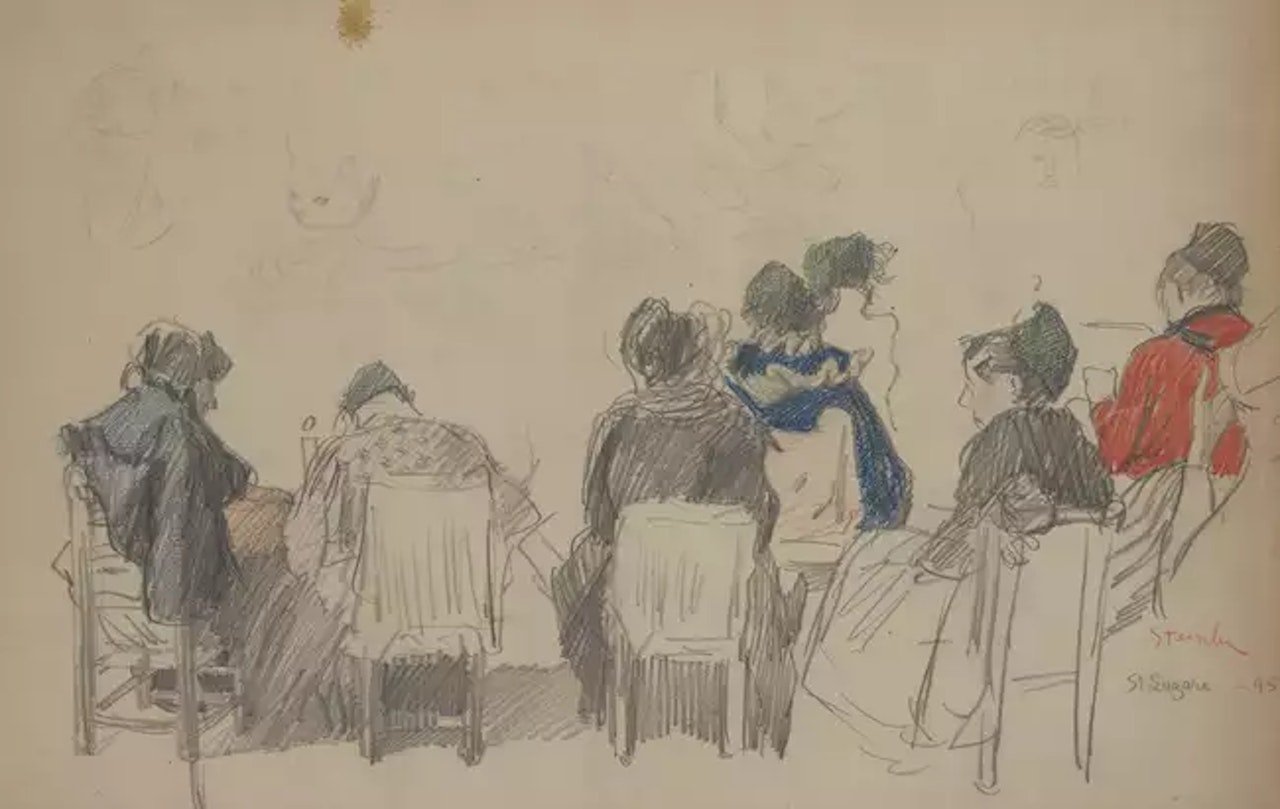 Studies of women making baskets[?] and cats by Théophile Alexandre Steinlen