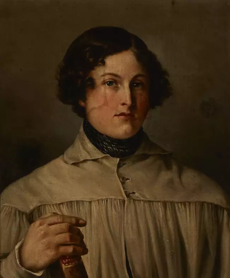Portrait of a woman, bust-length, holding a book by Molière; by French School